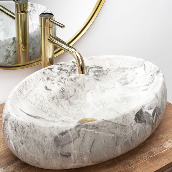 Set Vasque à poser Linda stone + Robinet de lavabo Lungo gold + Bonde gold – Image 2