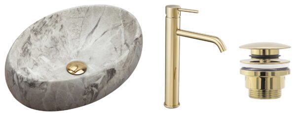 Set Vasque à poser Linda stone + Robinet de lavabo Lungo gold + Bonde gold – Image 8