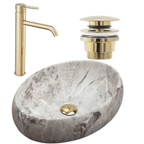 Set Vasque à poser Linda stone + Robinet de lavabo Lungo gold + Bonde gold