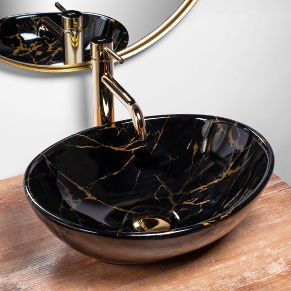 Set Vasque à poser Sofia marble black + Robinet de lavabo Lungo gold + Bonde gold – Image 2